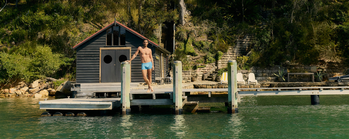 Lifestyle editorial image featuring Cocksox CX12MD Modal Collection Men's underwear Boxer brief in Turquoise