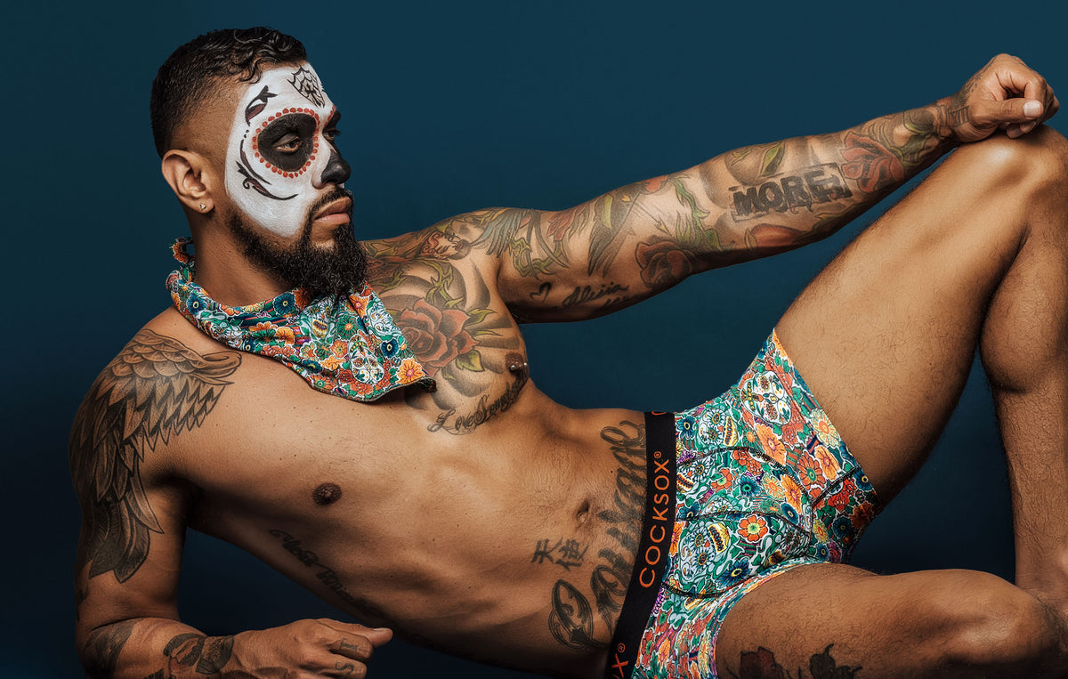 Lifestyle editorial image featuring Cocksox CX12DD Day of the Dead collection underwear boxer shorts