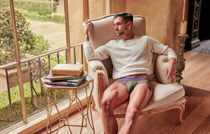 Lifestyle editorial image featuring Cocksox CX76N Elegance Collection men's underwear sports briefs in Edinburgh