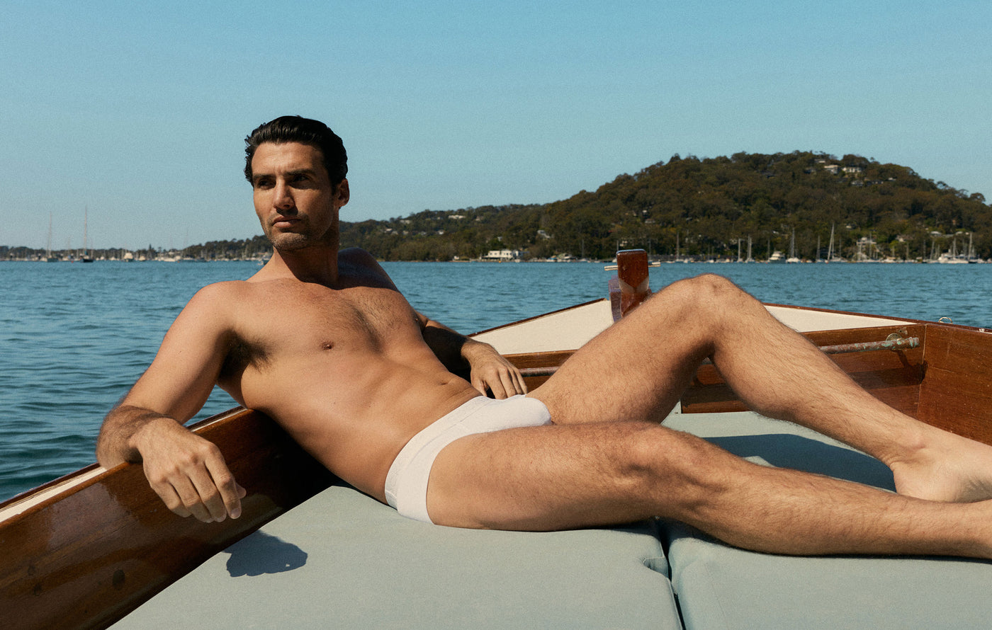 Lifestyle editorial image featuring Cocksox CX76N Always Collection Men's underwear Sports Brief in White